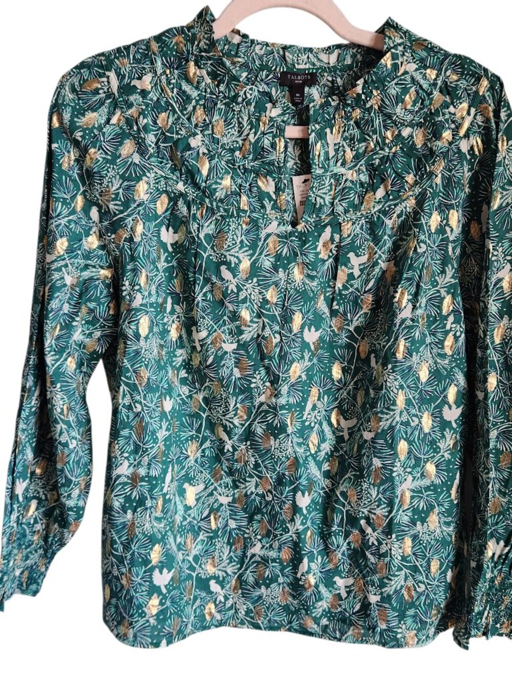 Talbots Shirt MP Medium Petites Green Gold Women's Top Blouse Birds